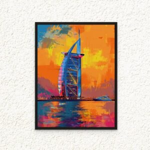 Art Decor Framed Canvas Abstract Painting Print of Dubai Burj Al Arab - Colorful Pop Wall Art Sunset Print for Office, Living Room, Bedroom - 30x40cm Gift