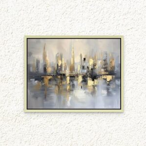 Art Decor Framed Canvas Abstract Painting Print of Dubai Skyline Black Blue and Gold Colors Dubai Wall Art Print Wall Decor for Office Living Room Bedroom Gifting 80x60cm
